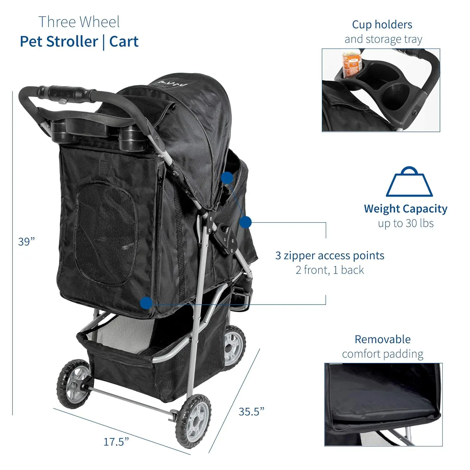 VIVO Black 3 Wheel Pet Stroller for Cat, Dog and More, Foldable Carrier Strolling Cart, STROLR-V003K