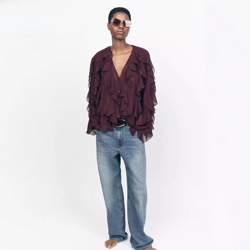 

Spring 2025 Women's Faion V-ne Long Sve Layered Decorative Versatile irt Korean Sle Loose Fit Knot