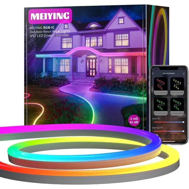 Outdoor Neon Rope Lights,65.6ft RGB-IC IP67 Waterproof LED Rope Lights APP Control Remote,Music Sync,84LEDs/m