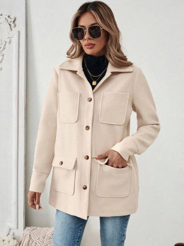 Women's Wool Blend Coat, Lapel Cargo Jacket, Multi Pockets, Single Breasted, Loose Fit, Casual Daily Wear, Fall Winter Must Have