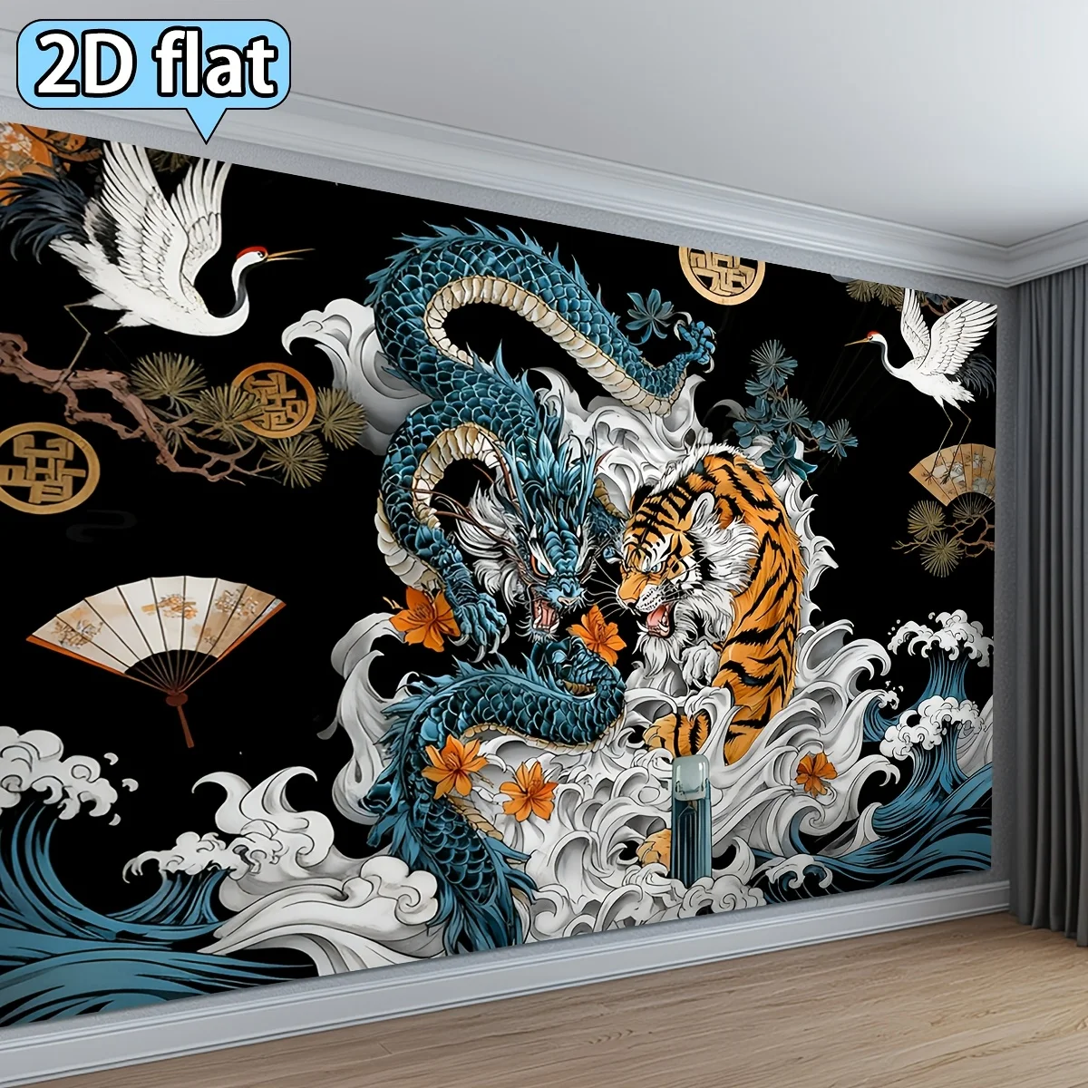 Luxury Chinese Wall Tapestry Mural Decor Asian Dragon Tiger Crane Mythological Art Polyester Hanging Accent Wall Fabric Oriental