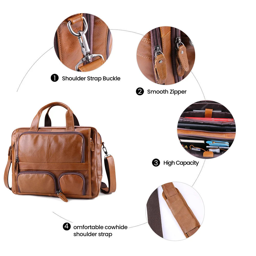 Maleta de couro genuíno para homens, bolsa de negócios, ombro para documentos, grande capacidade, viagem, mensageiro, laptop, 17"