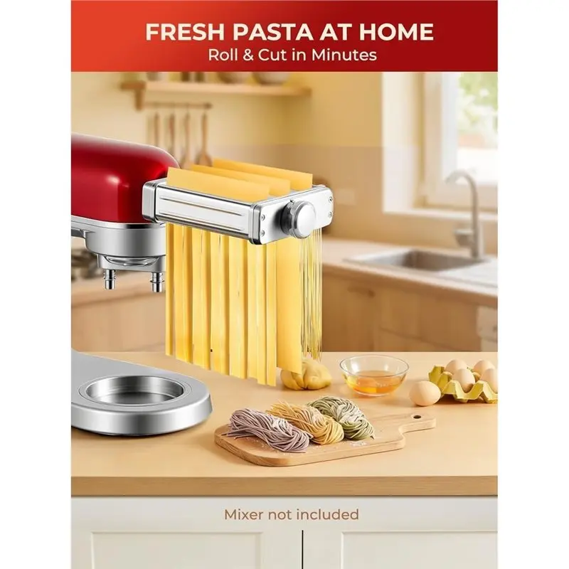 B97A-Stainless Steel Pasta Maker Attachment(3 In 1) For Kitchenaid Stand Mixer, Includes Roller, Spaghetti& Fettuccine Cutter