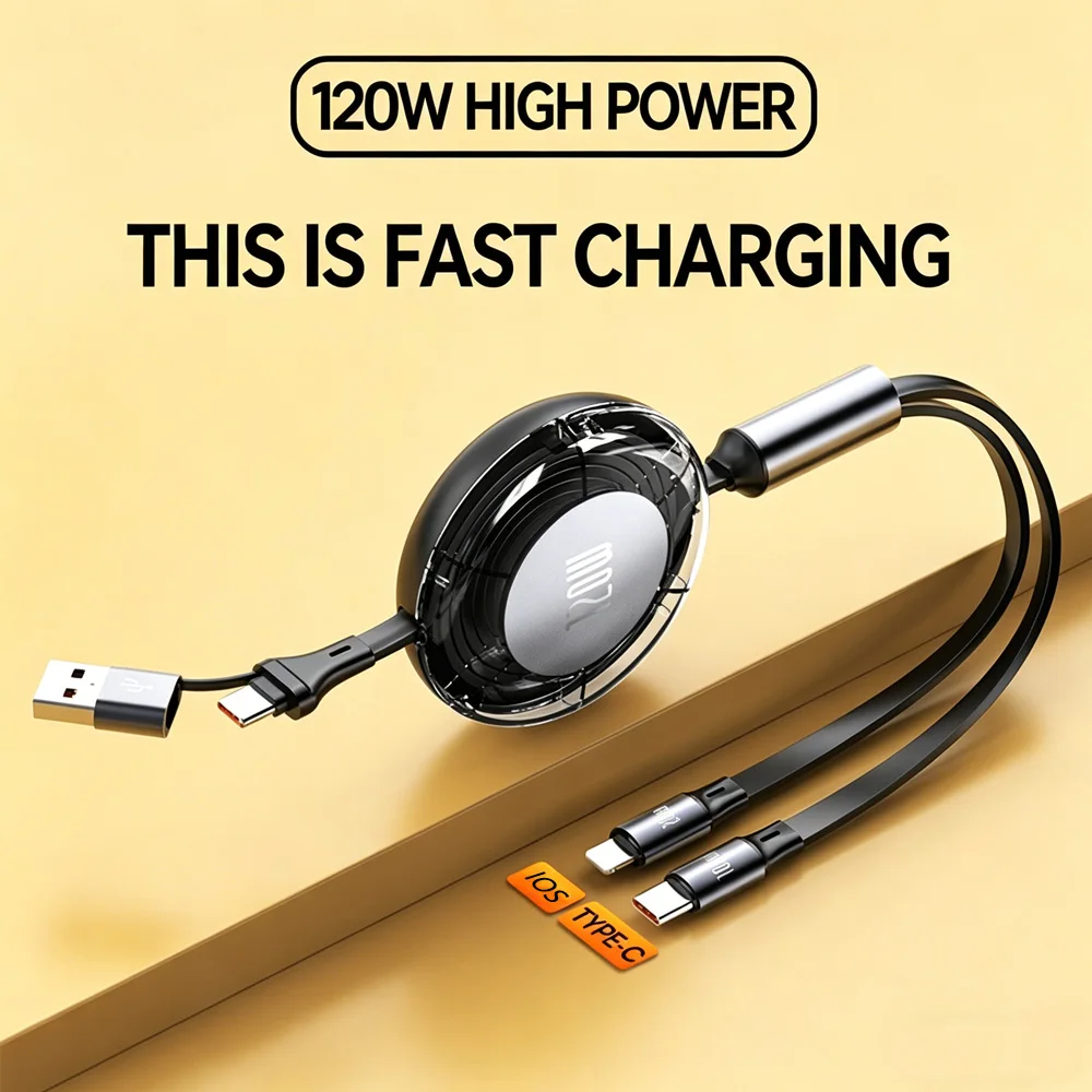 Câble de charge rapide rétractable 120W, cordon multi-chargeur USB A/C vers USB C/L pour iPhone 17/16, Samsung Galaxy A17/S25