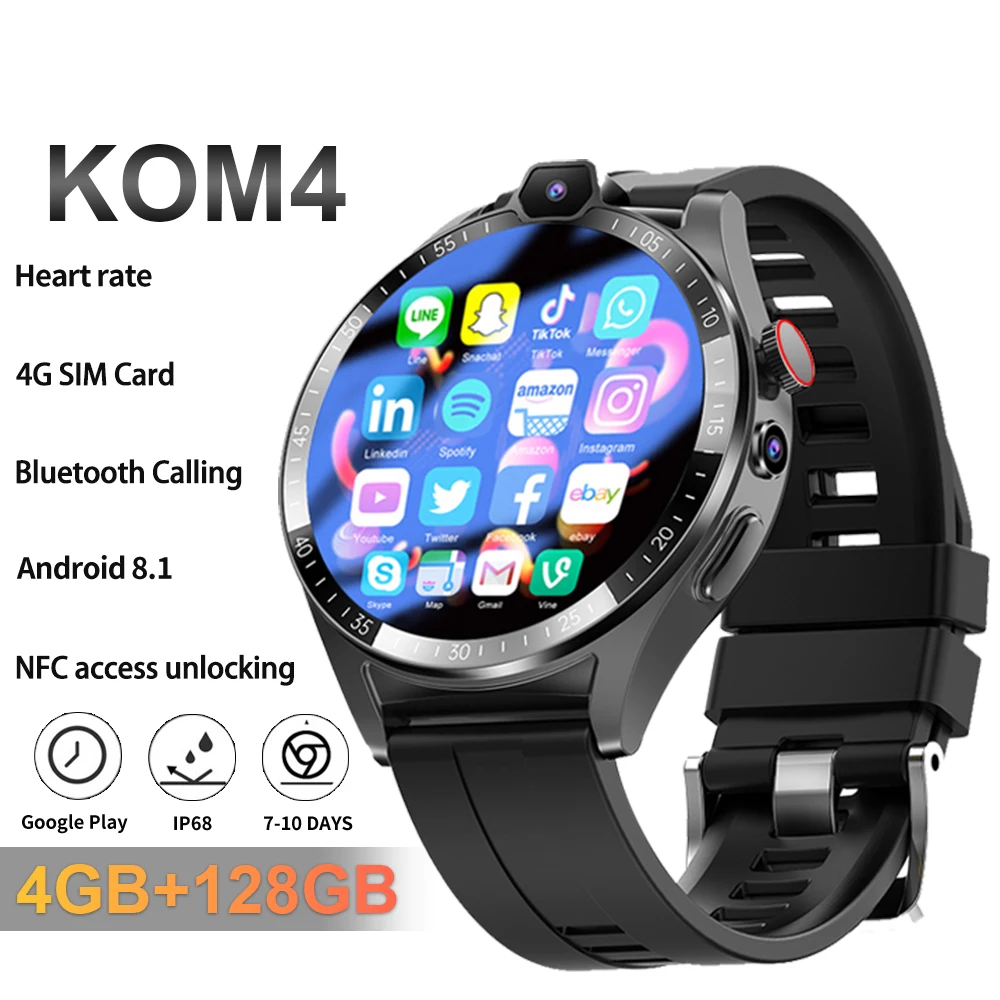 

SERVO KOM4 4G LTE Smartwatch 4+128GB Dual Camera SIM Card GPS WiFi Google Store NFC Heart Rate Sport Waterproof Men Smart Watch