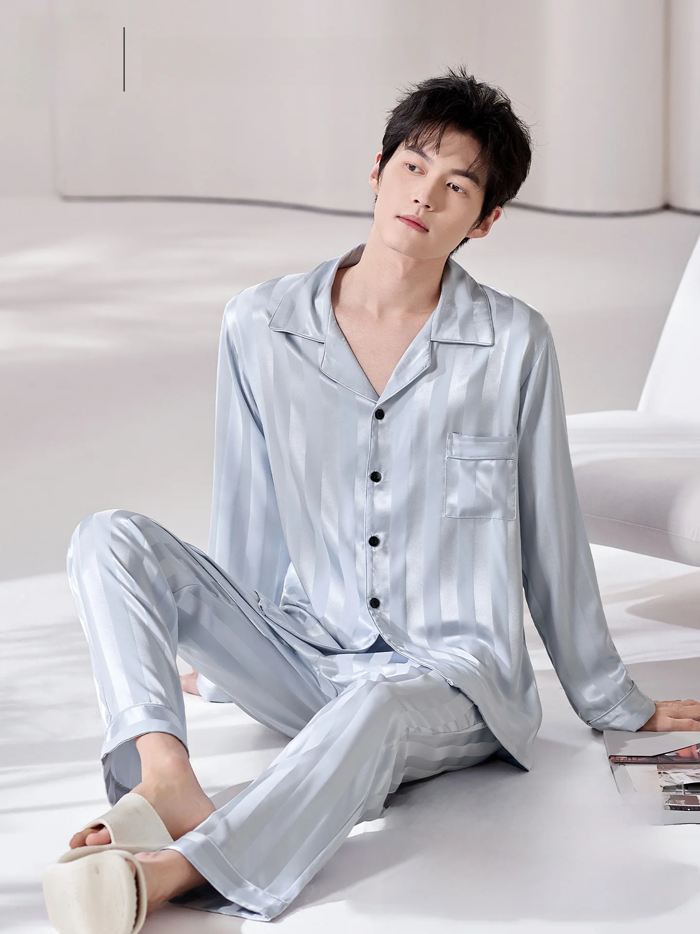 Men's Ice Silk Sleepwear Long Sleeve Home Clothes Set Catman 2026 New Style Spring Autumn Casual Outfit Soft Polyester Fiber