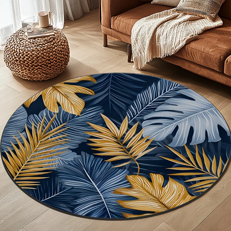 

Crystal velvet carpetTropical Plant Pattern Round Mat - Soft Flannel Non-Slip Machine Washable Mat with Navy Blue & Golden Palm