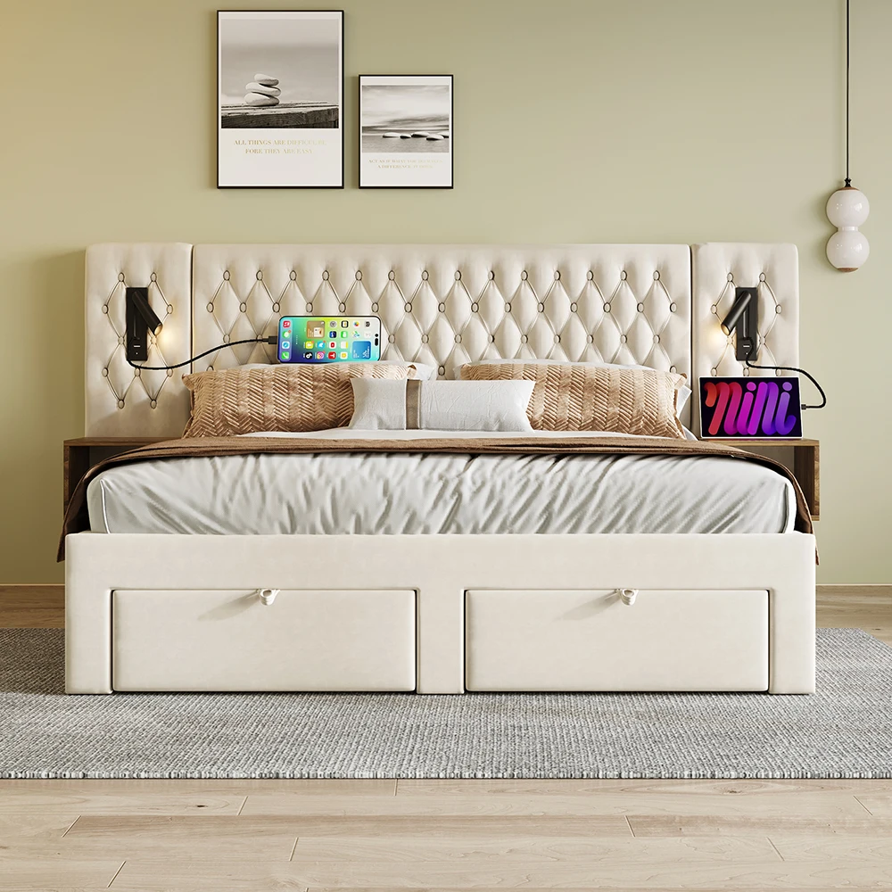 KOMHTOM Doppelbett 160x200 cm mit 2 Nachttischen und 4 Schubladen, Kopfteil Leselicht mit USB-Ladefunktion (Mit Matratze)