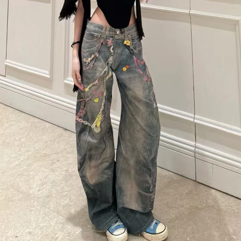 Women's Jeans, Loose Chain Printed Wide Leg Pants, Fashion Versatile High Quality Trousers, Spring, New, 2025, y2k