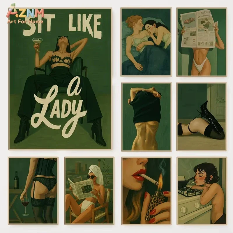 AZNM Retro Green Feminist Canvas Wall Art Sit Like A Lady Vintage Bold Woman Figure Funny Aesthetic Poster Bedroom Unframed Pain