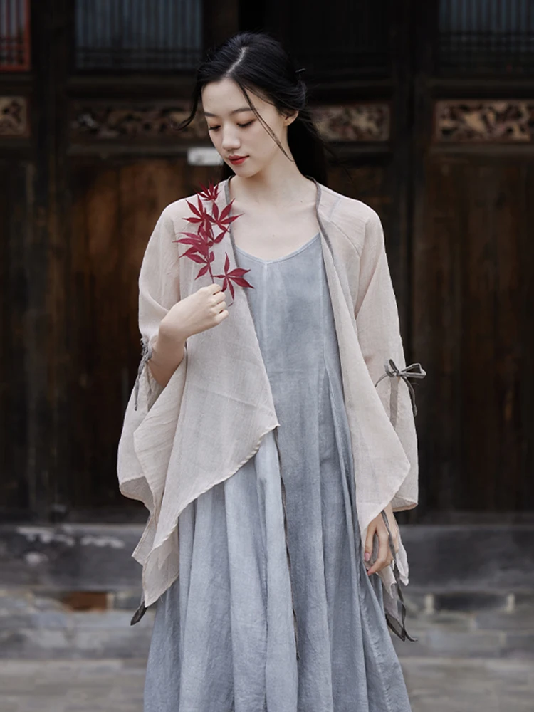 Summer Women's Ultra-lightweight Asymmetrical Sun Protection Shirt Belted Outerwear V-neck Short Coat Original Design Loose Fit