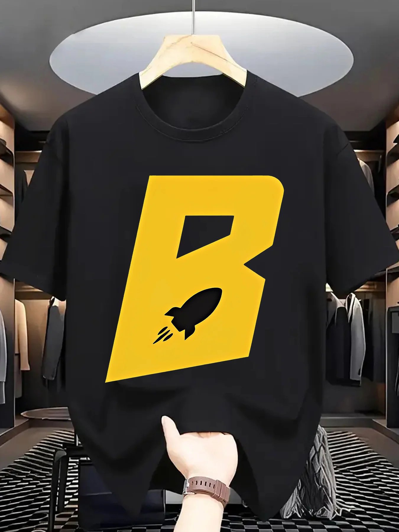 เสื้อยืดแขนสั้นผู้ชายผ้าฝ้ายพิมพ์ลาย B Rocket สีเหลืองหนา เสื้อยืดลำลองทรงพอดีตัวสวมใส่สบาย เสื้อยืดลายกราฟิกหนา