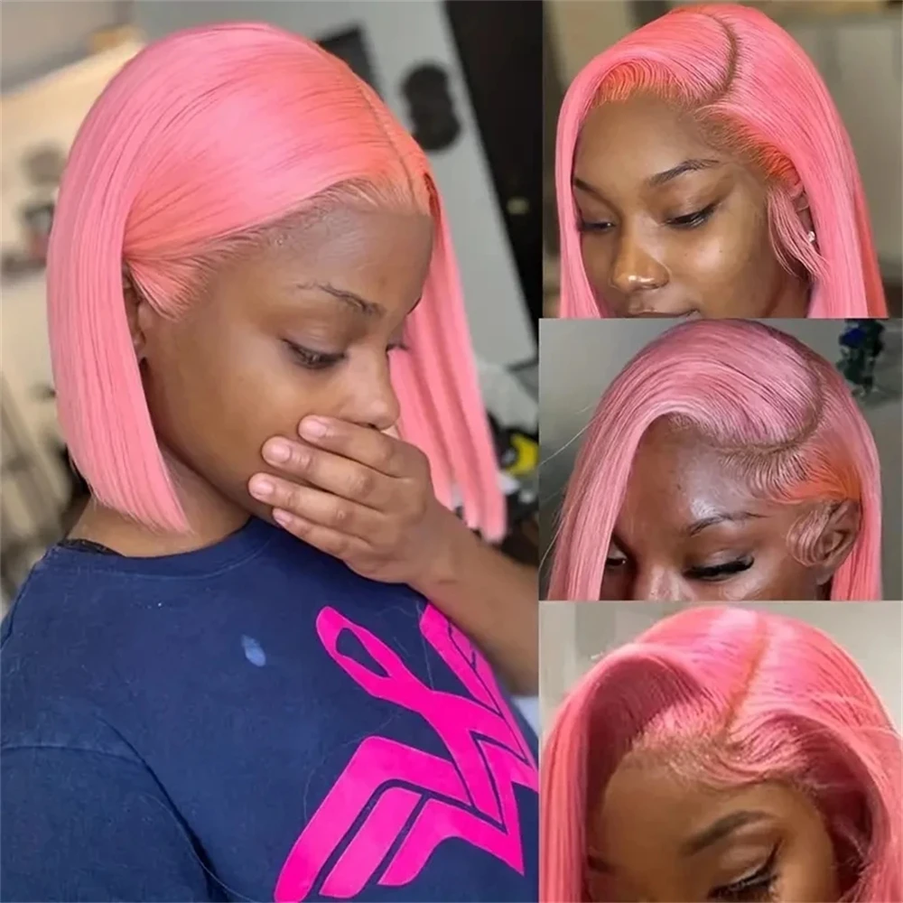 Pink Bob Wig Human Hair 13X4 Bob Lace Frontal Wigs Human Hair Pre Plucked Brazilian Remy Short Bob Human Hair Wigs 180% Denity