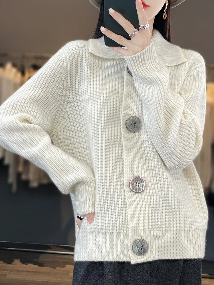 

Autumn Women's Cardigan 100% Wool Knitted Sweater Chic Top Female Turn-down Collar Coat Causal Loose Thickening Lady Jacket