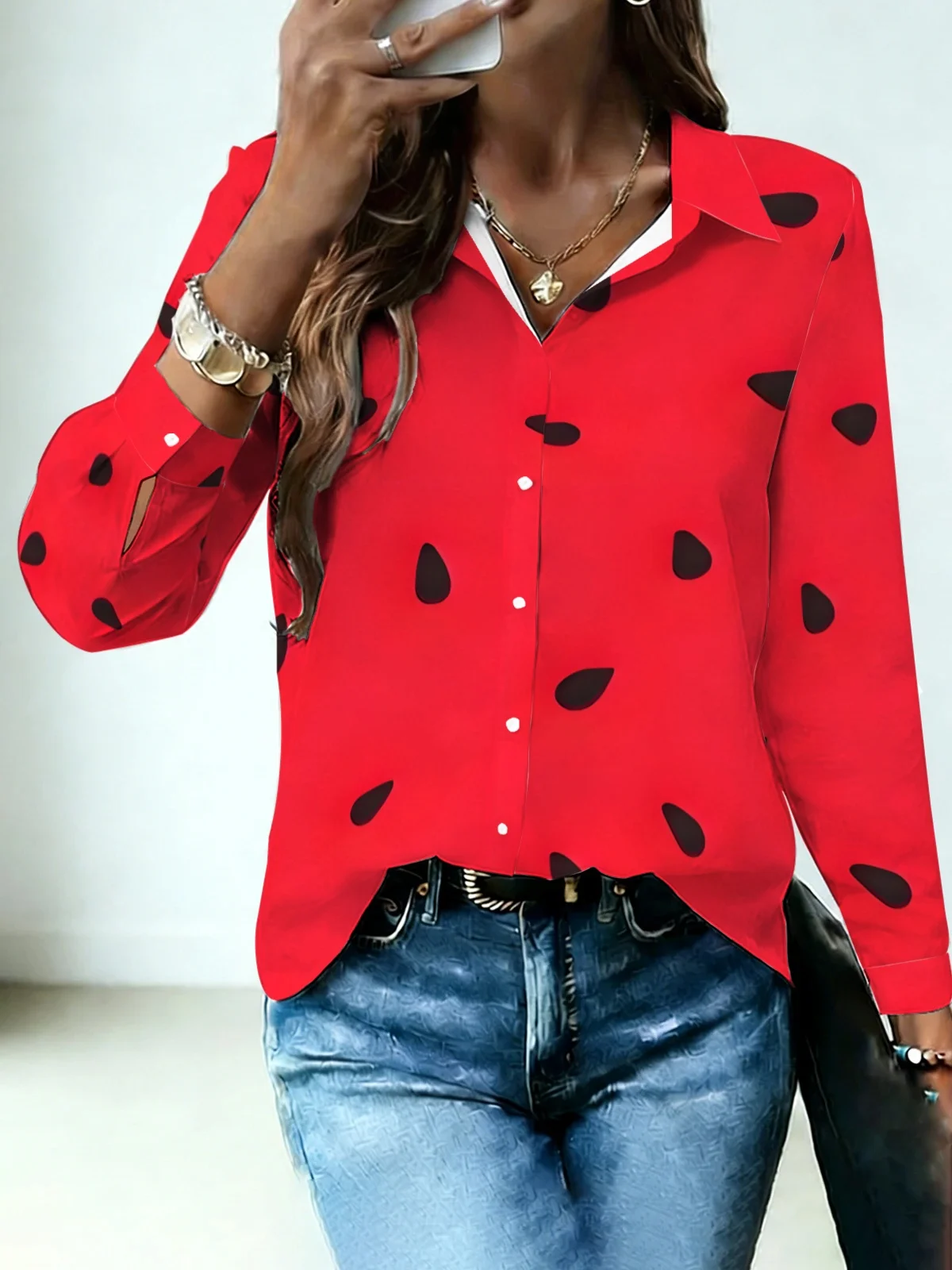 Vibrant Summer Minimal Womens Collared Shirt Pure Bright Red Base Black Watermelon Seed Dot Allover Print Long Sleeve Street Dat