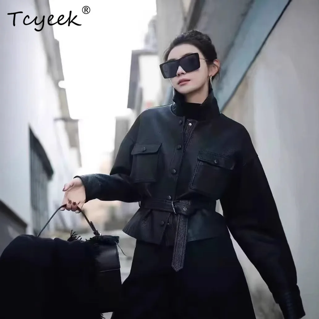 Tcyeek peau De mouton printemps automne haut De gamme à la mode revers noir femmes veste en cuir véritable Jaqueta De Couro légitime Feminina