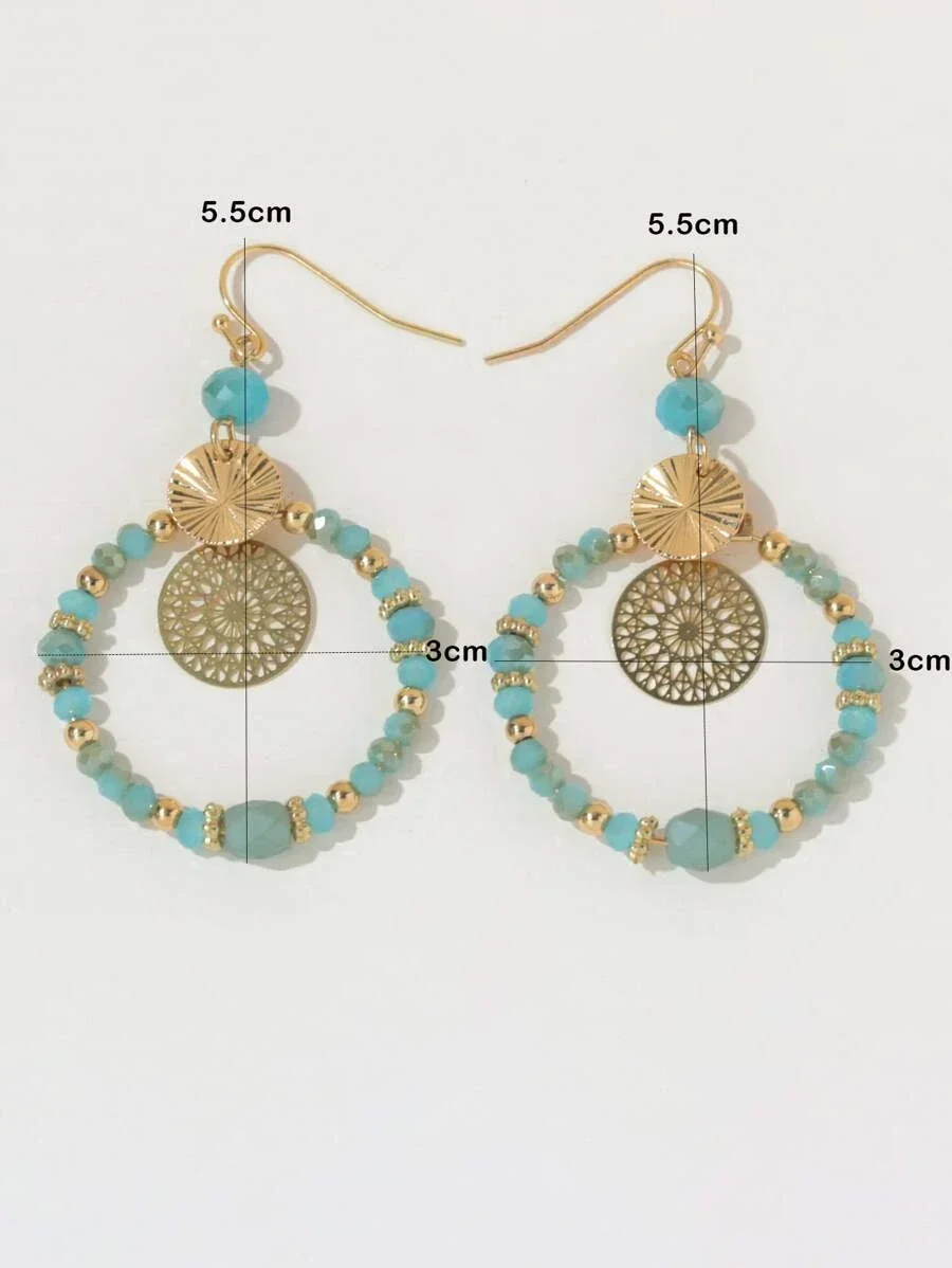 Beaded Round Drop Earrings for Women Crystal Mixed Round Circle Earrings Hollow Cutout Dangle Earrings