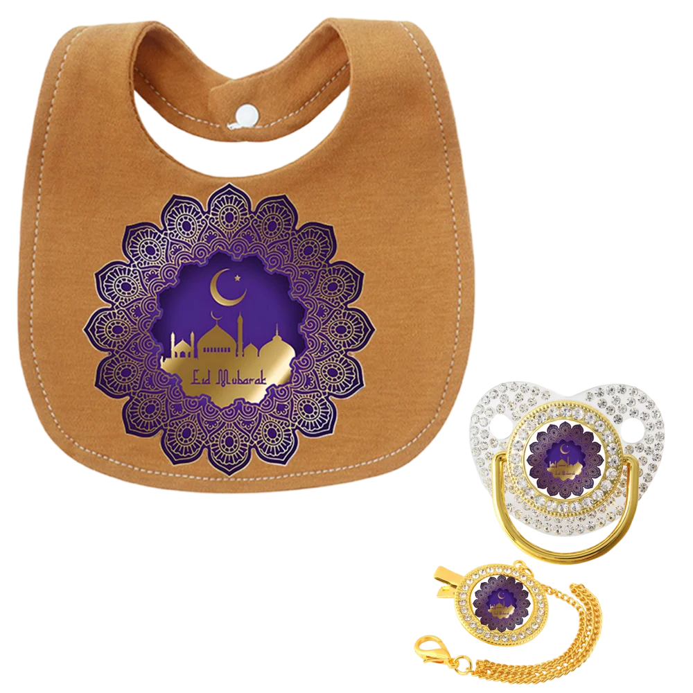 Muslim Print Newborn Baby Bib Bandana Drool Bib with Pacifier Silicone Nipple Soother Clip Holder Strap Soft Cotton 0-12 Months