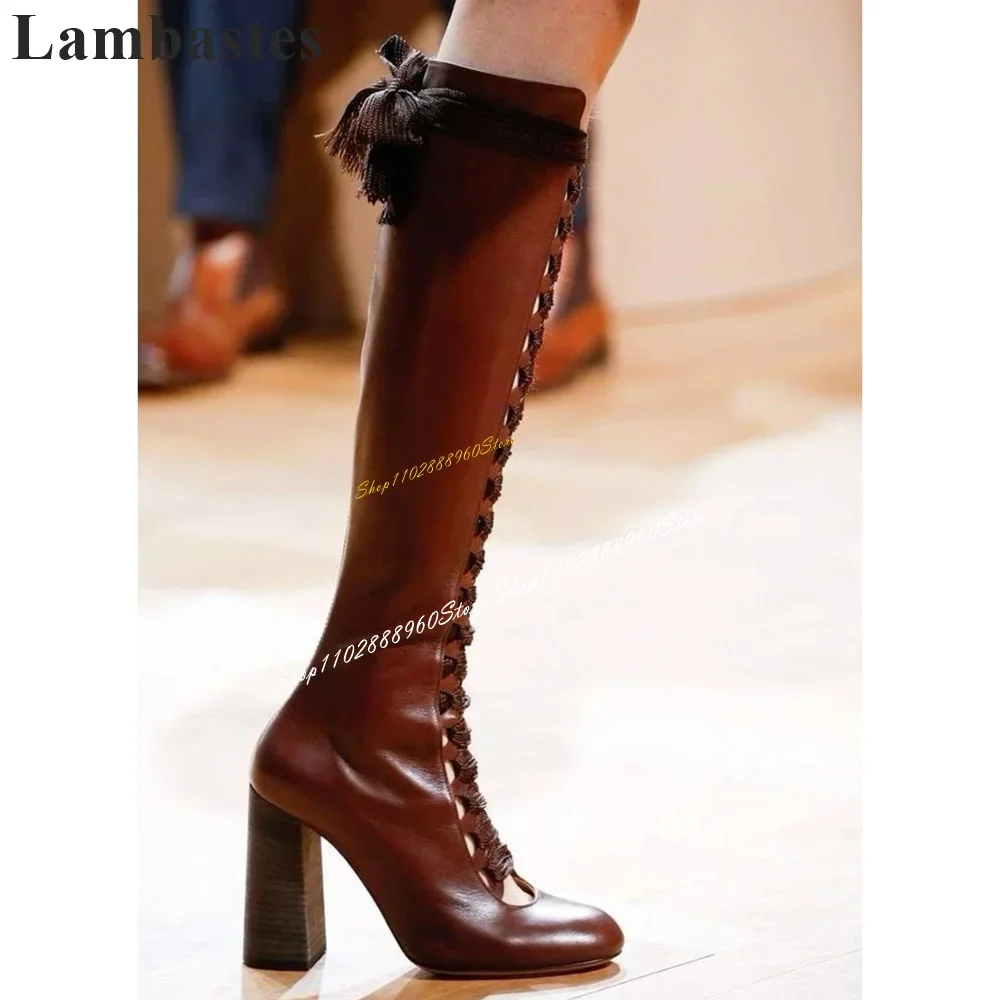 

Knee High Coffee Leather Cross Tied Knight Boots Chunky High Heel Women Shoes Side Zipper Round Toe Stylish Casual Women Boots