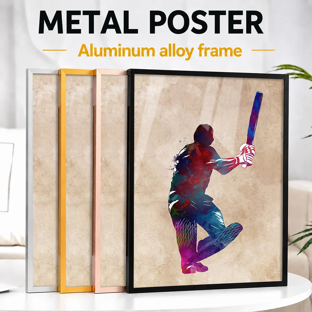 Cricket Batter Textured Silhouette Framed Metal Print Personalized Watercolor Style Wall Art For Clubhouse And Sports Lounge