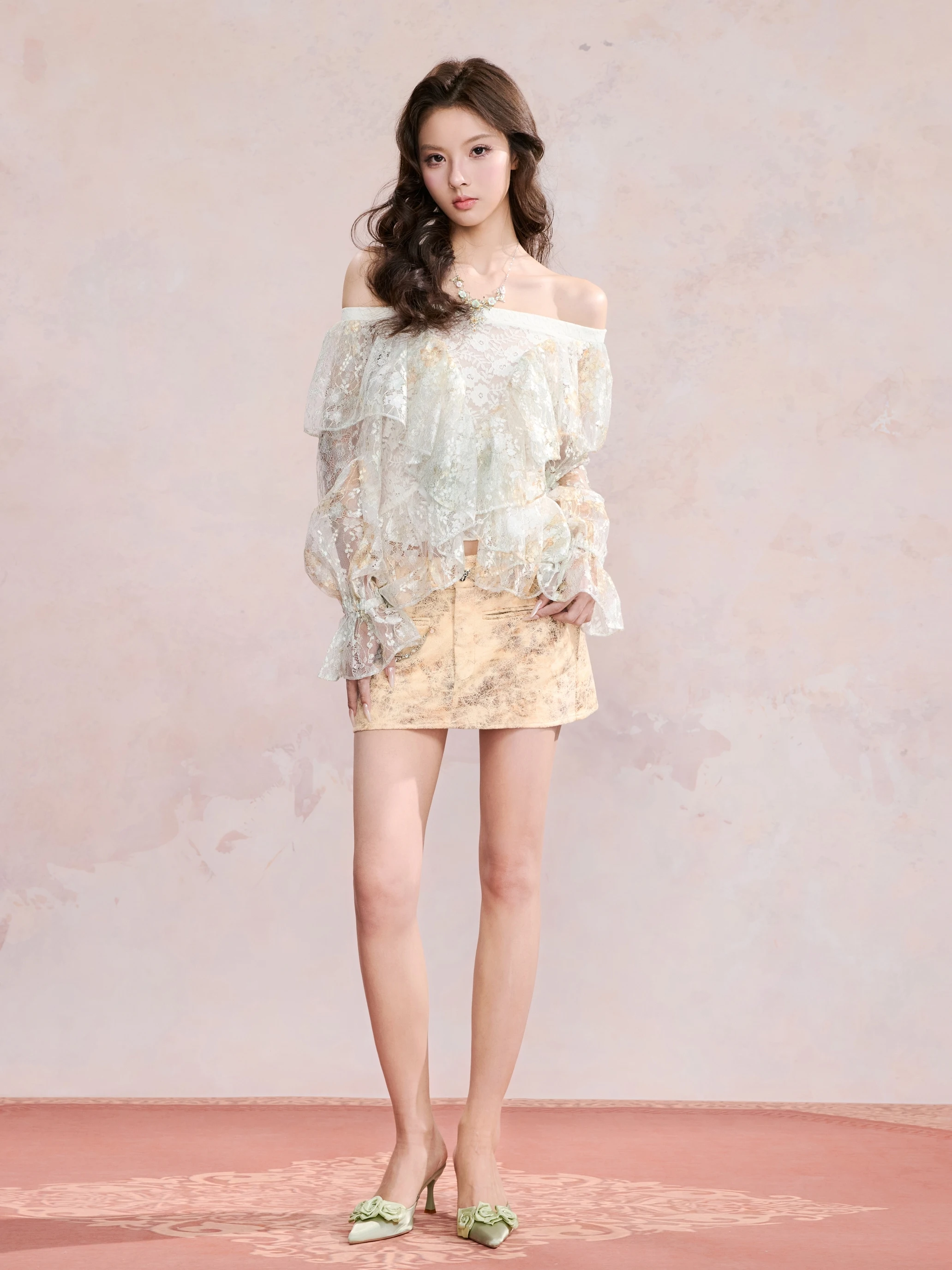 

Fuguen HuKim Lace Trim Printed Knitted Cover up Top French Style Women's Spring Summer Long Sleeve Floral Patterned Blouse
