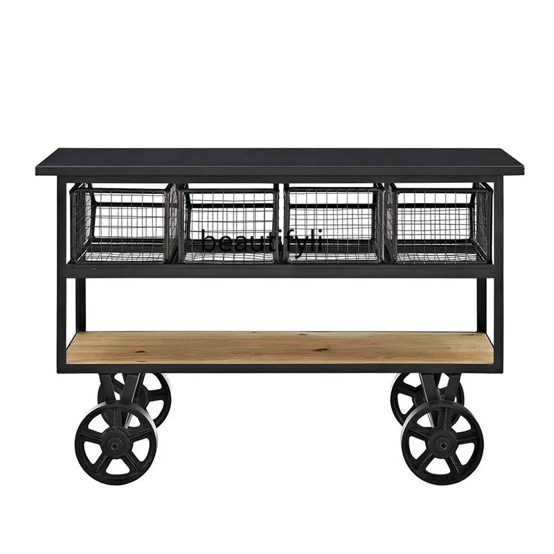 

American-Style Iron Solid Wood Vintage Dining Car Trolley with Wheels Dining Tray Cart Hotel Drinks Trolley Sideboard Cabinet