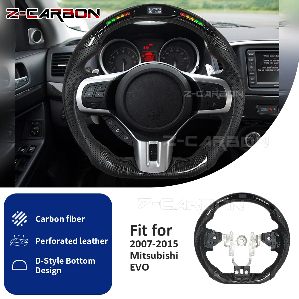 

LED Carbon Fiber Steering Wheel For Mitsubishi Evolution EVO X GSR MR 2010-2015 Perforated Leather Steering Wheel Flat Bottom