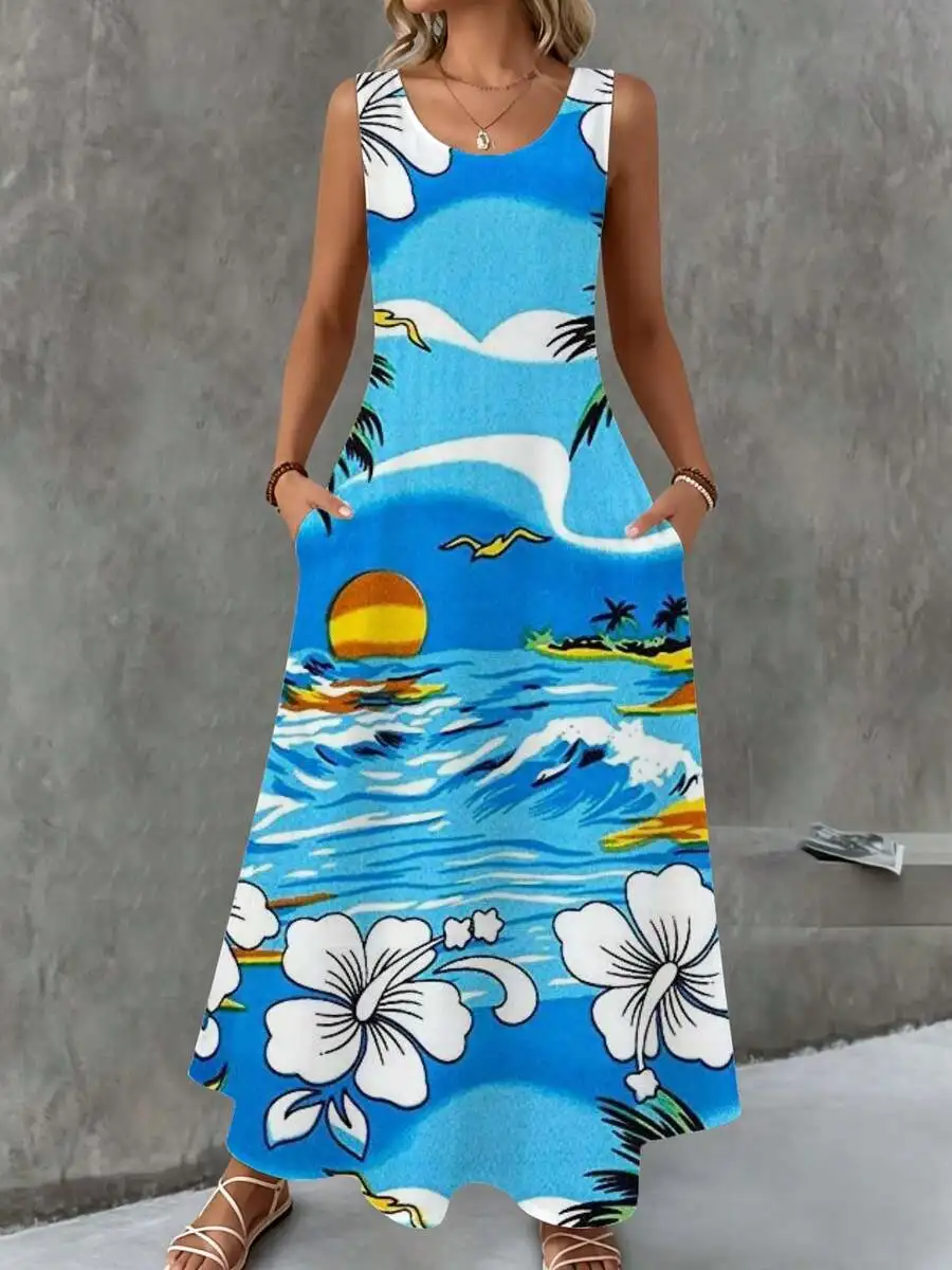 

Summer Sleeveless Maxi Dress Blue Tropical Beach Print With Hibiscus Flowers And Sunset For Vacation