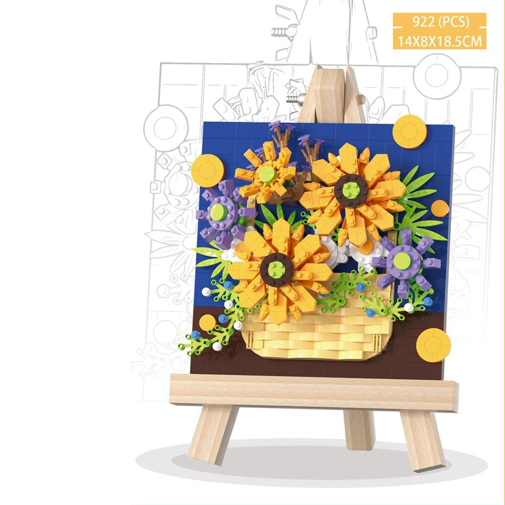 Bouw Idee Kunst Bloem 3d Schilderij Bouwstenen Met Houten Ezel Micro Diamant Blok Speelgoed Voor Meisjes Desktop Decoratie