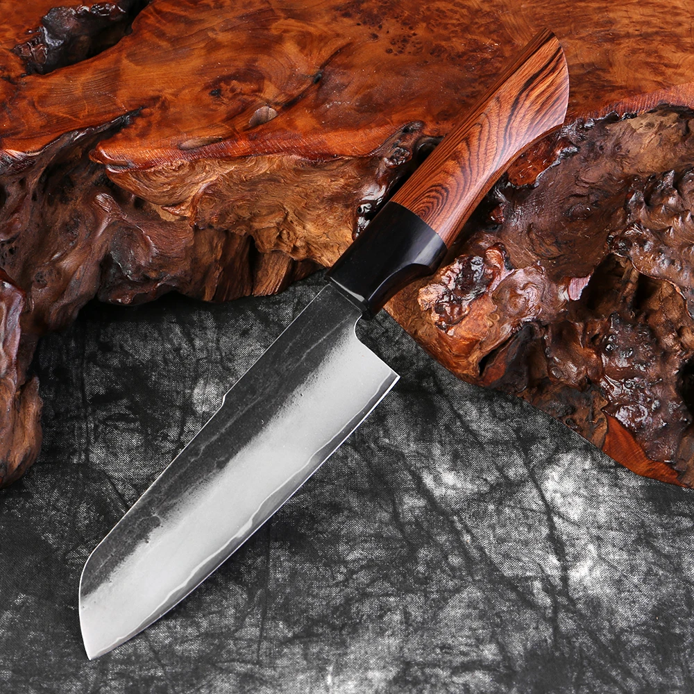 

Handmade Kitchen Knife 5 Inch Japanese Santoku Knife Triple-layer Composite Steel Sharp Cooking Knife Hand Forged Utility Knife
