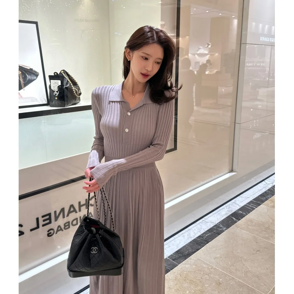 

Chic Knitted Soft Waist Cinched Midi Dr Autumn Light Maturi Sle Pleated Skirt Large Swing Korean Sle Women Dr