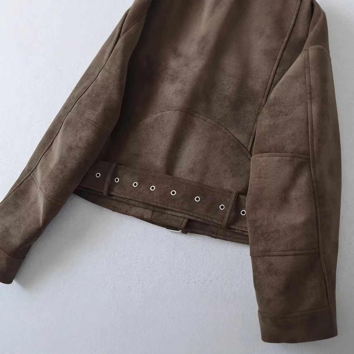 Patchwork Coat No Hood Cropped Edgy Street Regular Fit Women Jacket with Long Sleeve Short Length Zipper Closure Lapel Collar