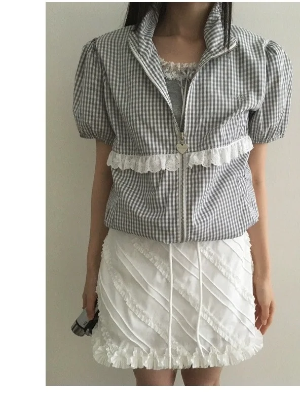 

Korean Style Splice Ruffle Hem Drawstring Women's Shirt Short Sleeve Stand Collar Zipper Design Age Reduction Fashion Trend