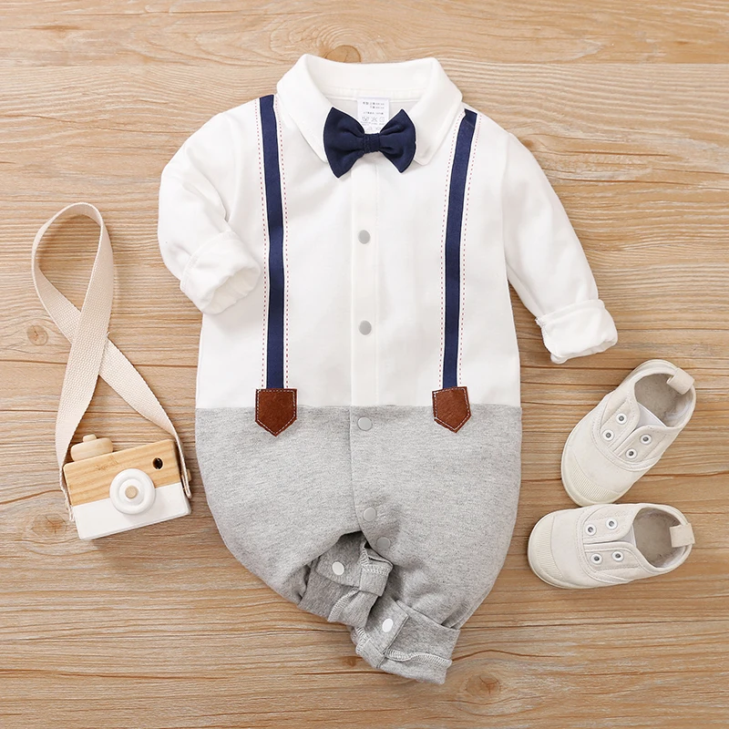 Newborn baby gentleman style jumpsuit pure cotton long sleeved baby hoodie spring and autumn climbing suit