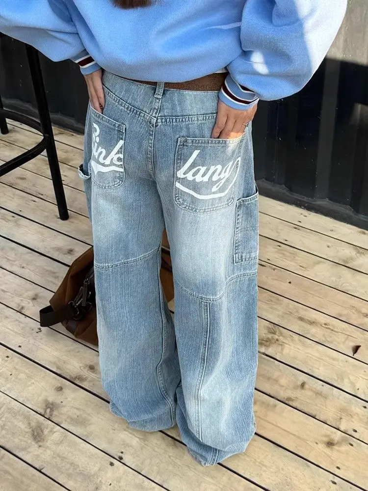 HOUZHOU Vintage Blue Baggy Jeans Women Y2k Harajuku Washed Wide Leg Jeans Female Grunge Korean Fashion Streetwear Denim Trousers