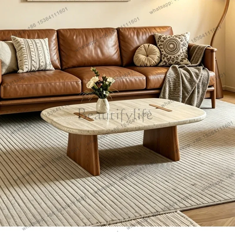 YJ Wabi-Sabi Solid Wood Natural Travertine Coffee Table Set Nesting Side Tables for Living Room Small Space Simple