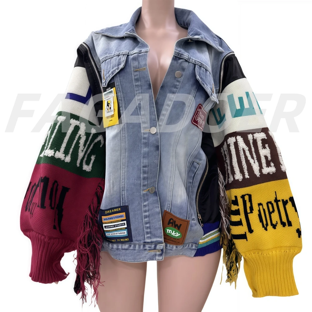 FAGADOER Fashion Denim Jacket Women Buttons Letter Embroidery Tassel Knit Patchwork Loose Jean Coat Female Streetwear Clothing
