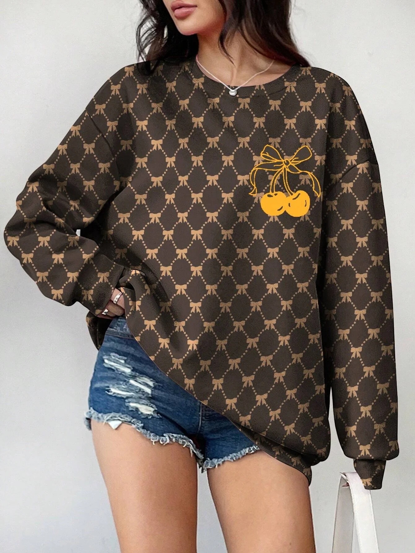 Brown Checkered Cherry Print Print  Winter Women Round Neck Sweatshirt Outdoors All-Match Females Girl Tops Women Clothing