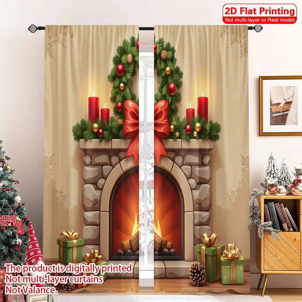 

2pcs 2D flat printing Christmas Window Drapes cozy christmas fireplace holiday decorations Polyester Without Electricity