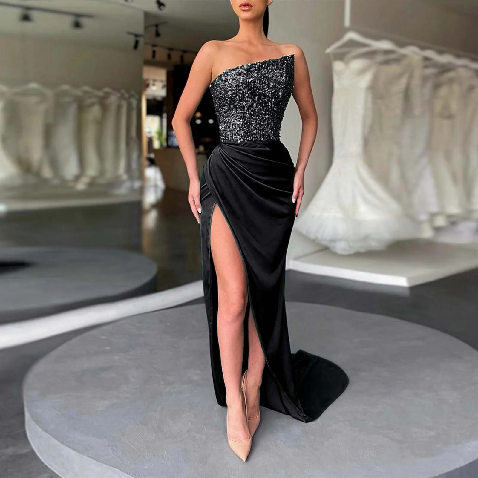 Autumn/winter Evening Dress Women's Elegant Sexy Long Dress High Side Slit European American Style Sleeveless Fashionable Gown