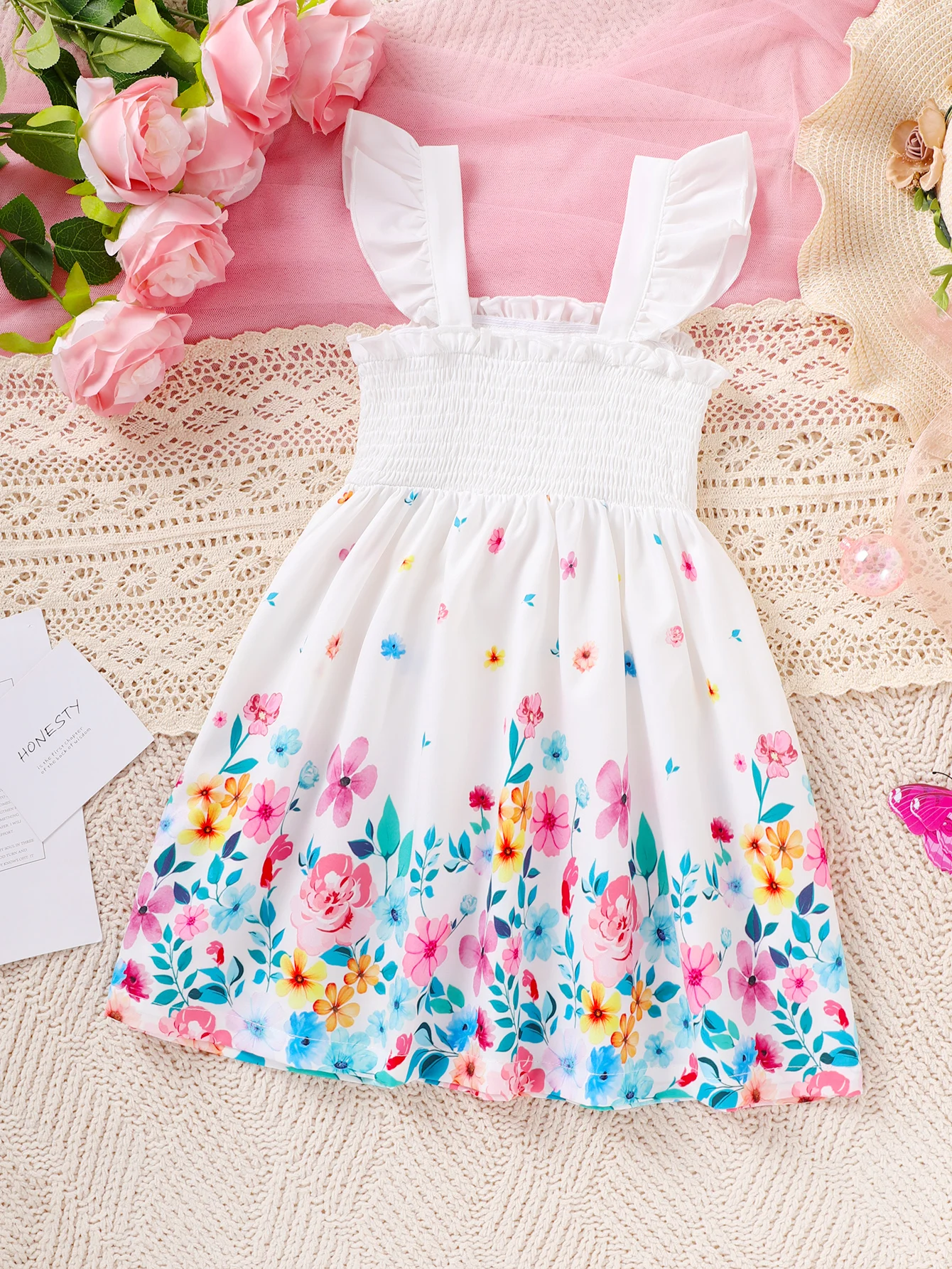 Kids Girl Summer Princess Dress Flutter Sleeve Flower Print Bow Dresses Sweet Vacation Party Costume for Children Girl 4-7 Years