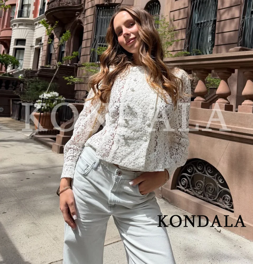 KONDALA Elegant Lace Double-breasted Blazer Women Summer High Street Chic Blazer Jacket New 2026 Trendy Ladies Leisure Blazer