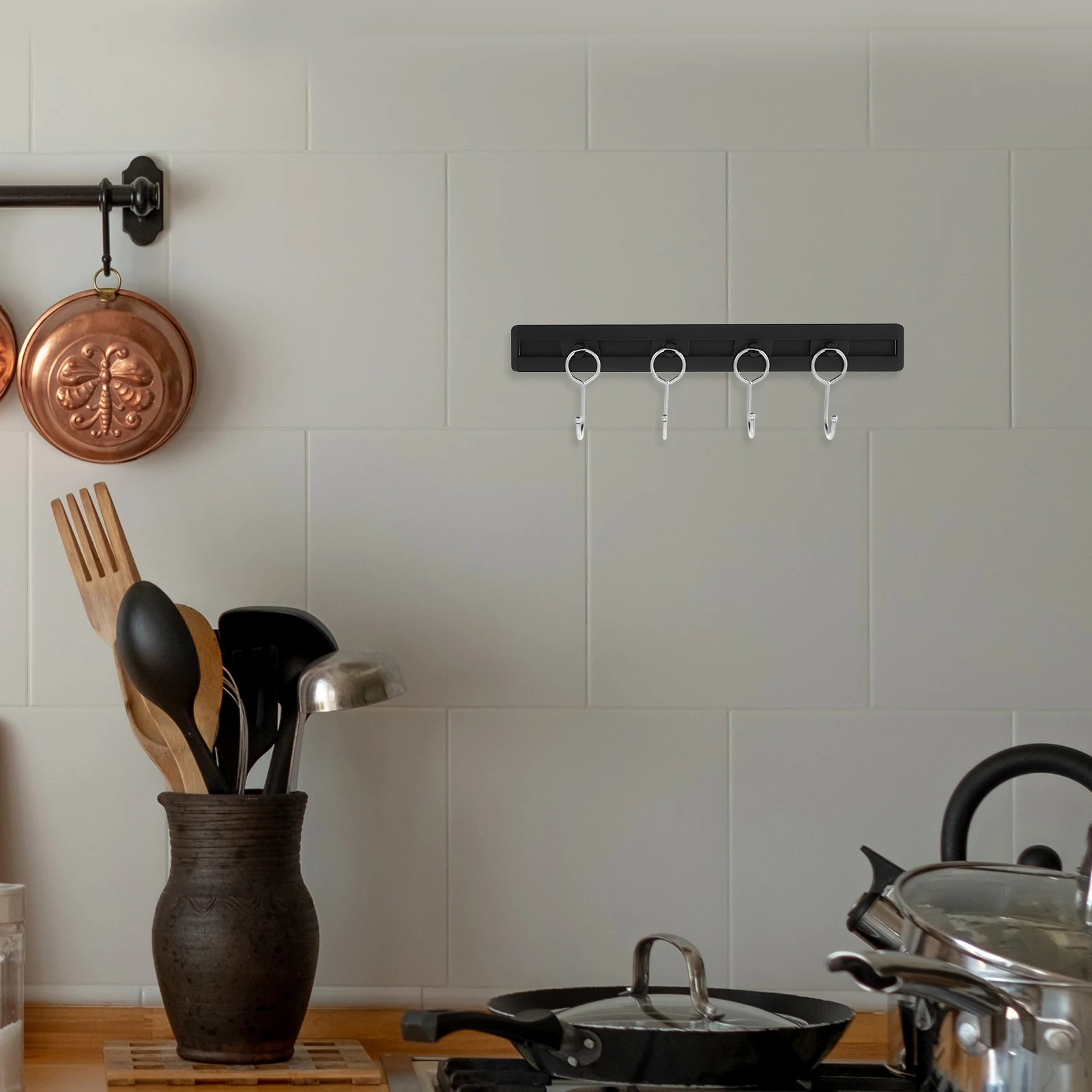 Multifunctional Kitchen Hanging Rack Utensil Holder Spatula Spoon Pan Storage Hook No Drill Easy Install Sliding Track Sturdy