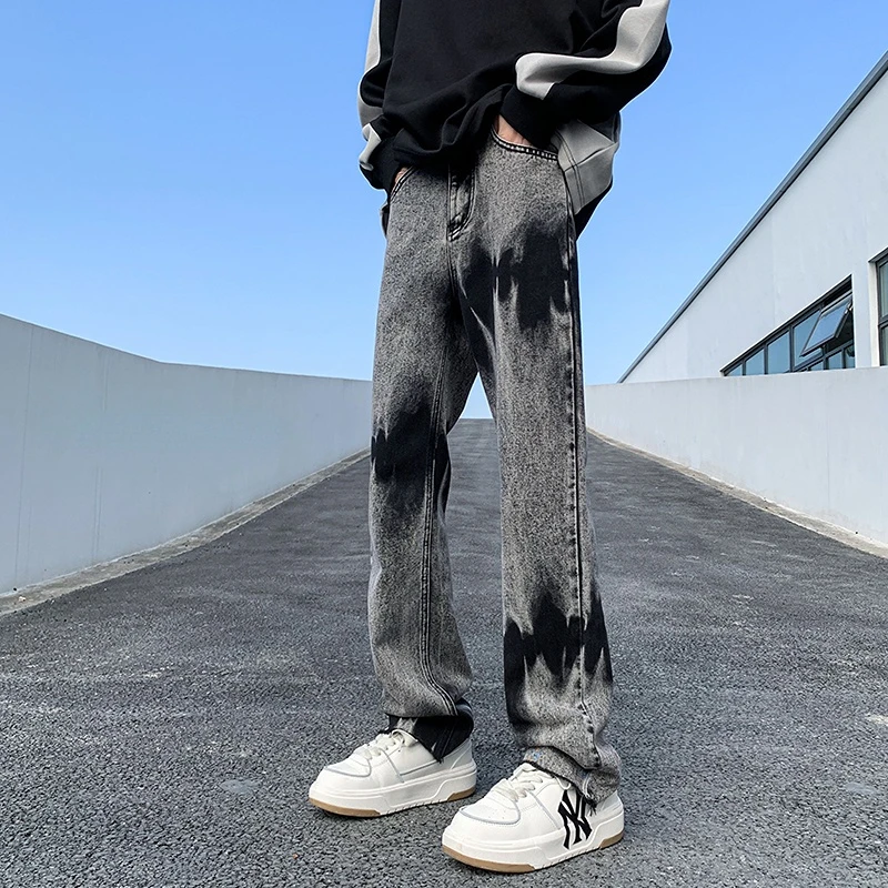 2023 New Men's Fashion High Street Dark Minority Raw Edge Tie-dyed Small Leg Jeans Casual Comfortable Straight Leg Pants M-5XL