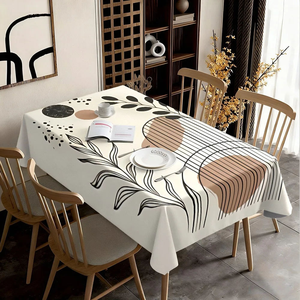 Single-sided printed. Modern minimalist style. Leaf and branch pattern in beige, black and brown color. Square tablecloth.