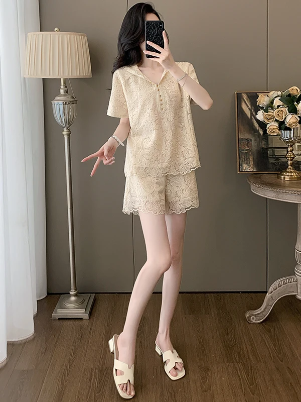 

Elegant Casual Fashion Set Women's Short Sleeve Lace Top Shorts Two Piece Suit Premium Quality Stylish Summer Outfit