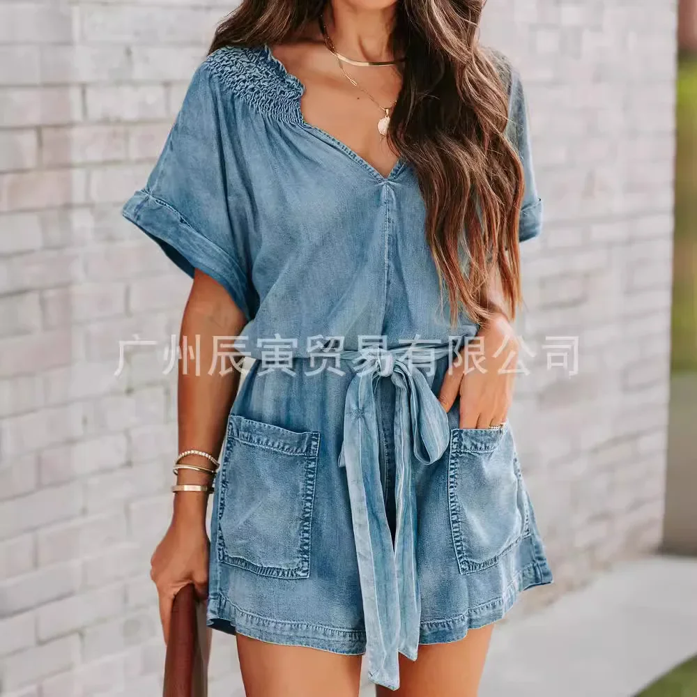 Frauen Neue Sommer Mode Lose Spitze-up Denim Overall Einfarbig V-ausschnitt Denim Waschen Wasser, Um Alte Lose strampler Shorts Y2k