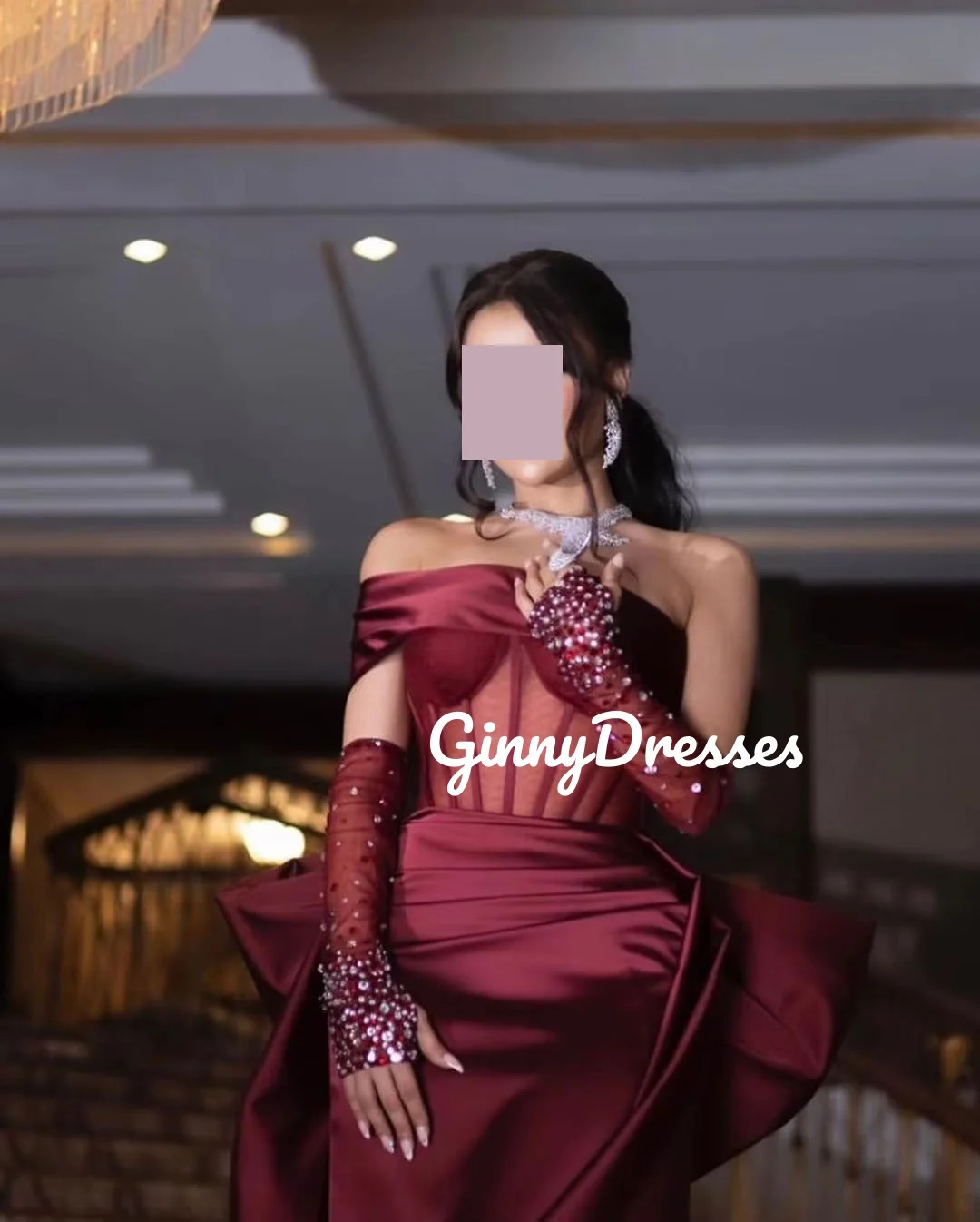 두바이 맞춤형 럭셔리 이브닝 드레스 레드 러플 오프숄더 코트 트레인 웨딩 파티 드레스 긴 소매 드레스