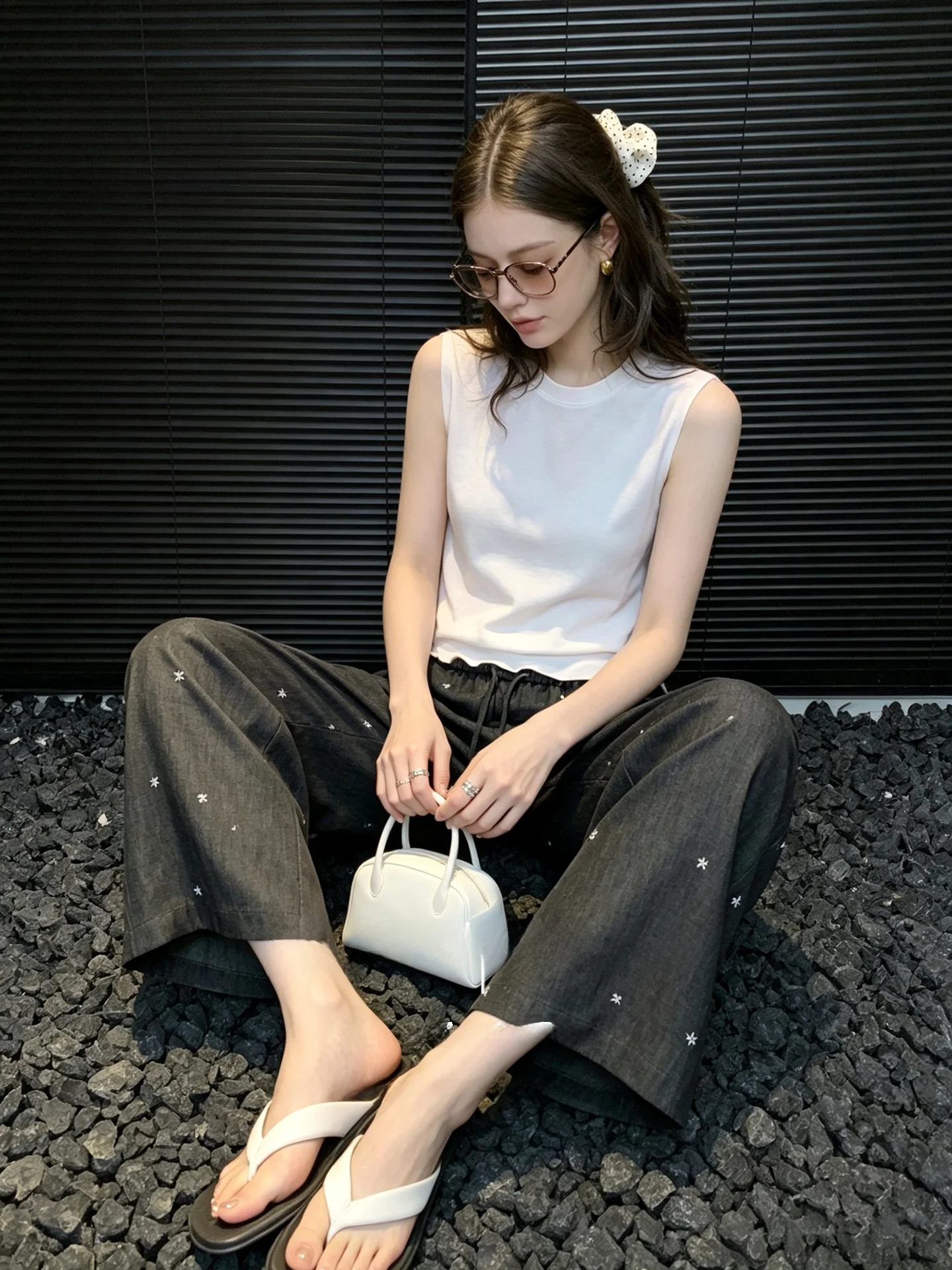 Huaappuw Charcoal Grey Retro Thin Casual Pants Women's Elastic Waist Wide Leg Pants Autumn New Style Comfortable Straight Leg...