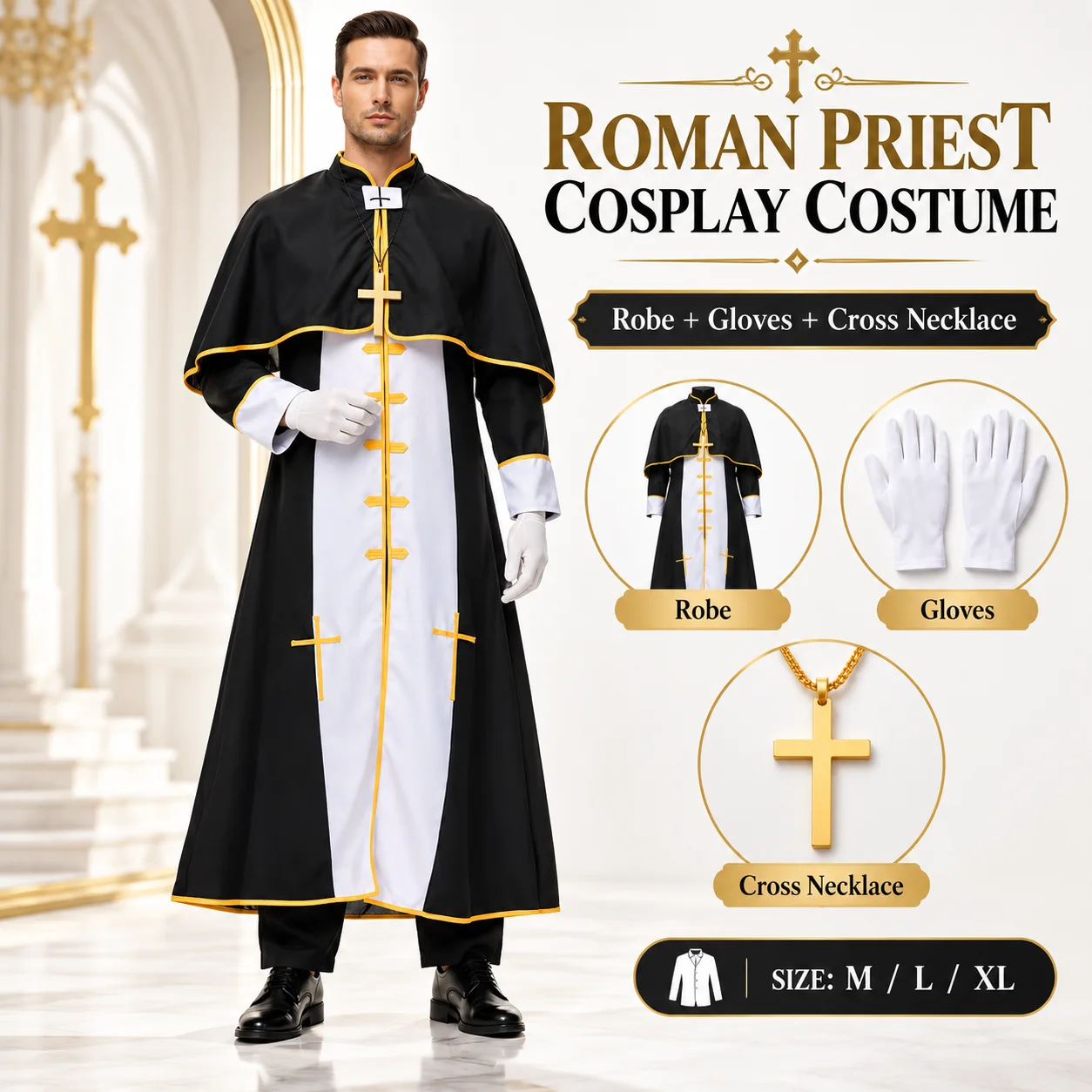 Men's Priest Costume Adult Clergy Cassock Robe Capelet Gloves Cross Necklace Halloween Gothic Medieval Cosplay Black Gold M-XL